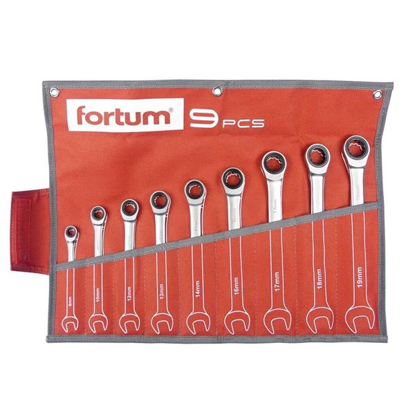 Fortum 4720104 - Sada klíčů očkoplochých ráčnových 9-dílná, 8-19mm, chromované, plastový držák