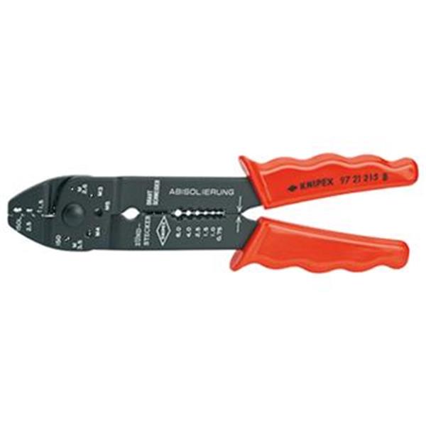 Knipex 97 21 215 B - Kleště lisovací 0,5-2,5mm2 na konektory s nůžkami na odizolováním kabelu, délka 215mm, brunýrované, rukojeti