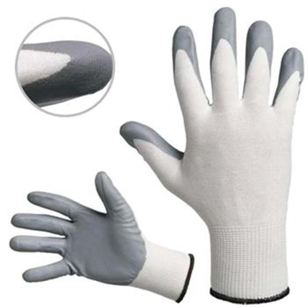 Rukavice pracovní BABBLER (vel. 7) - povrstvené, bezešvý bílý nylonový úplet, dlaň a prsty šedý nitril