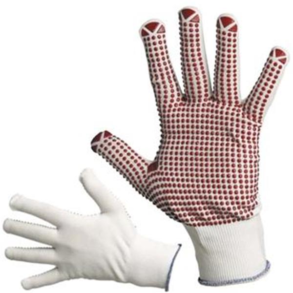 Rukavice pracovní GANNET (vel.11) povrstvené, pletené, nylonové, dlaň a prsty s červenými PVC terčíky
